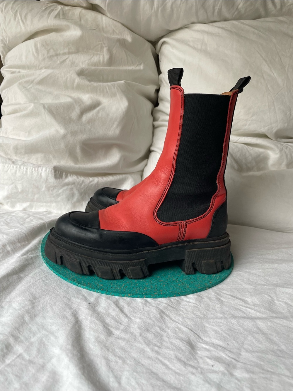GANNI Red and Black Chunky Chelsea Ankle Boots